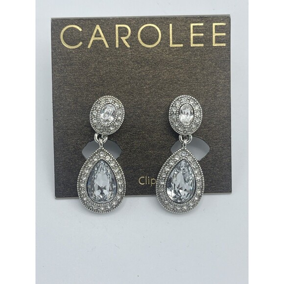 Carolee Silver Tone Crystal Teardrop Dangle Clip Earrings New - Picture 3 of 8